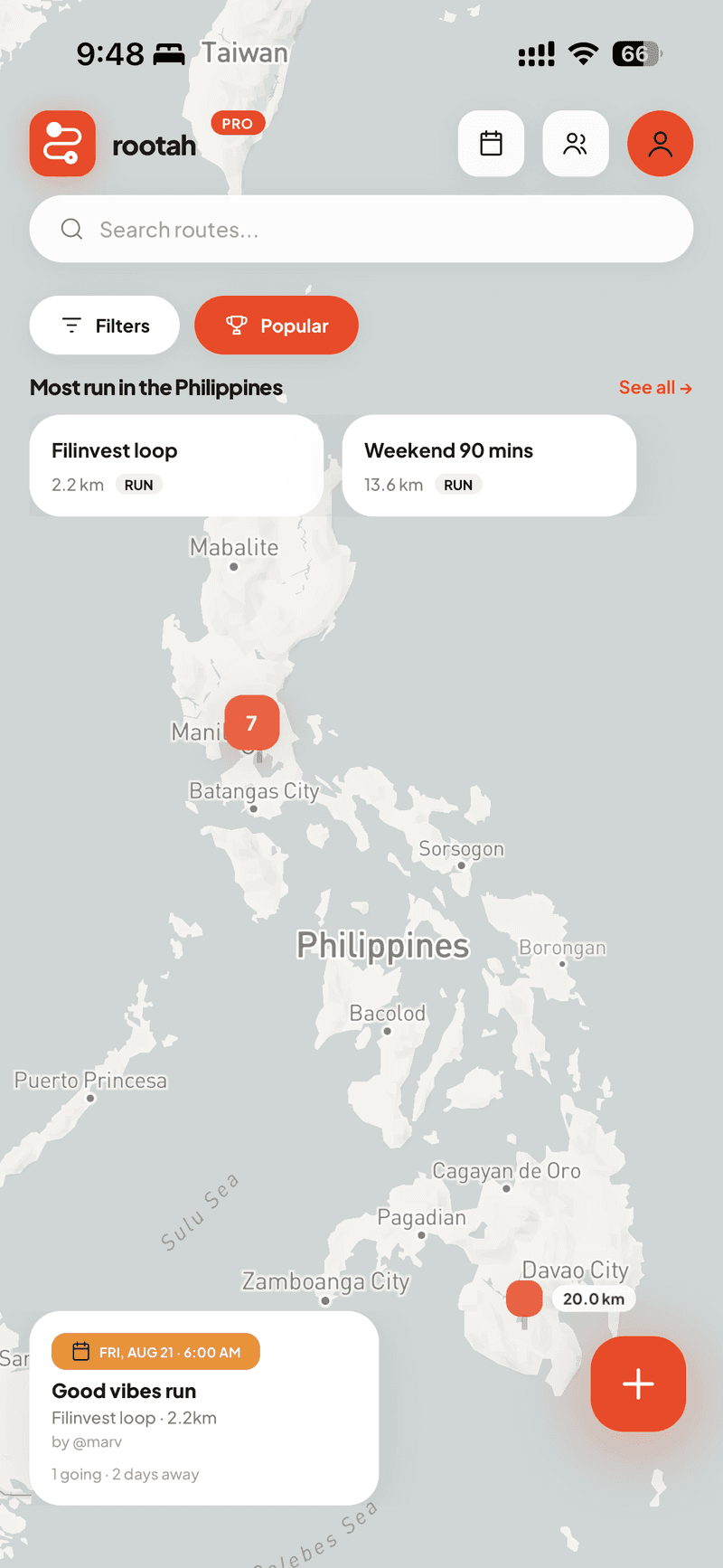 Rootah's discover map showing routes and group runs across the Philippines
