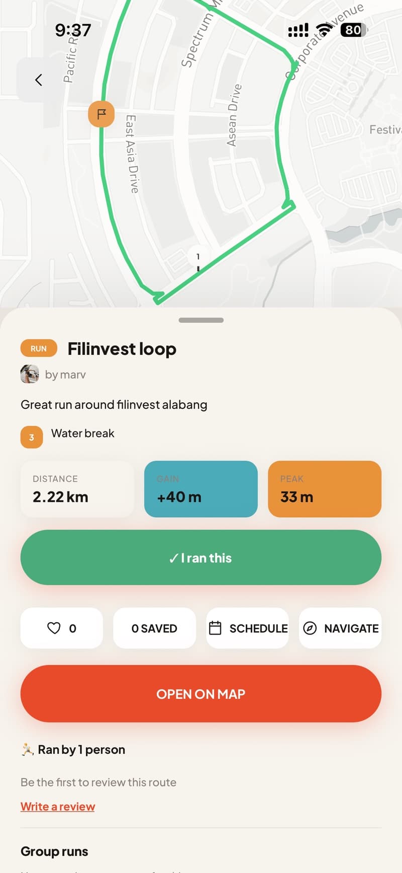 Route detail with stats and one-tap "I ran this" logging