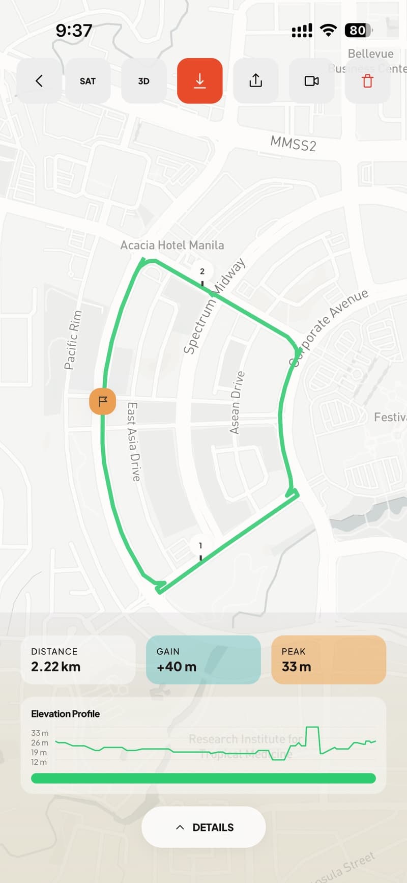 Building a route on the map with live distance, gain, and peak elevation