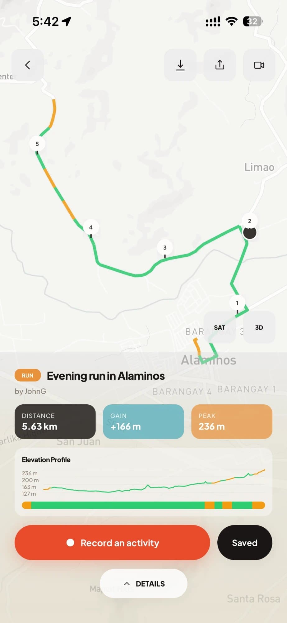 A route on real roads, coloured by how steep each stretch is, with its elevation profile