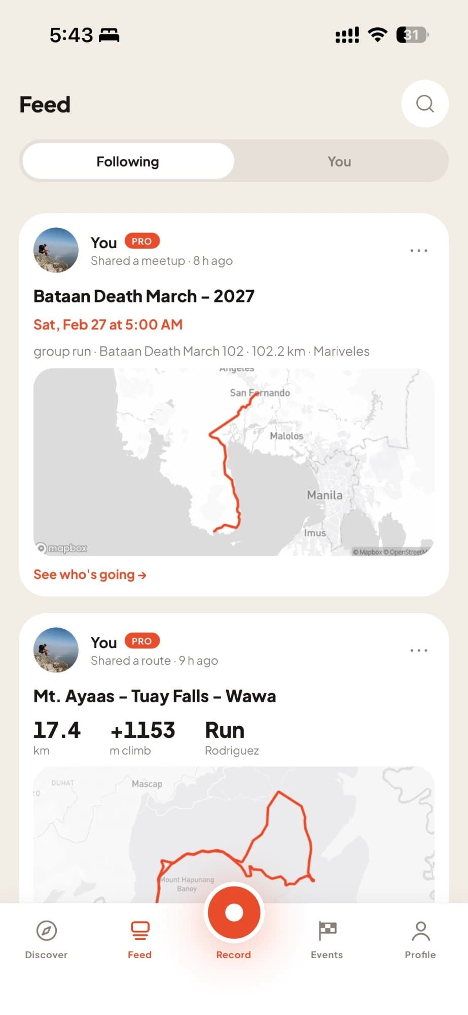 The Rootah feed with a shared meetup and a shared route
