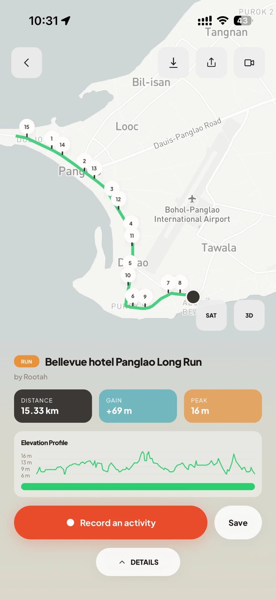 A 15 km route in Panglao with distance, climb and the elevation profile