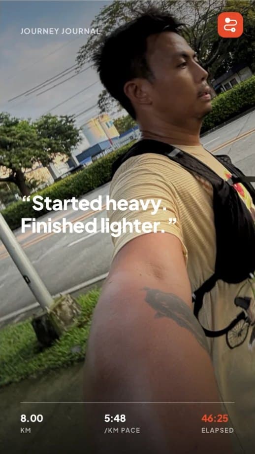 A share card from an 8 km run: 8.00 km, 5:48 per km, 46:25
